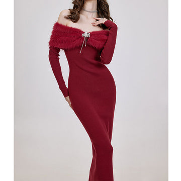 Dress Elegant Sexy Patchwork Fur Collar Off-Shoulder Waist Slim Knitted Long Dress with Rhinestone Decoration for Autumn and Winter