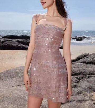 Mermaid Princess Layered Sequin Pearl Strap Waist-Cinching A Pearl Strap Short Skirt for Women
