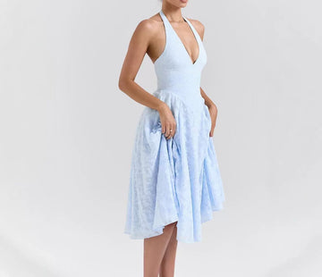 Blue Jacquard French Style Atmosphere V Backless Vacation Halter Neck Dress Gown Long Dress