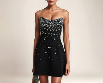 Rhinestone Starry Sky Off-Shoulder Waist-Cinching Bandage Short Dress a Line skirt Elegant for a Date party Small Dress