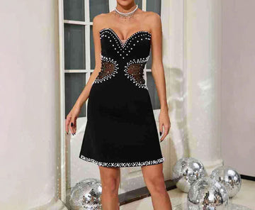 Black Tube Top Romantic French Waist Hollow-out Slim Dress