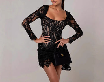 Long Sleeve Sexy Lace Mesh Corset Waist Dress Autumn Winter New Short Dress