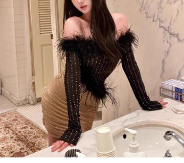 Off-Shoulder Color-Block Rhinestone Dress Slim Fit Slimming Hot Girl Dress for Women
