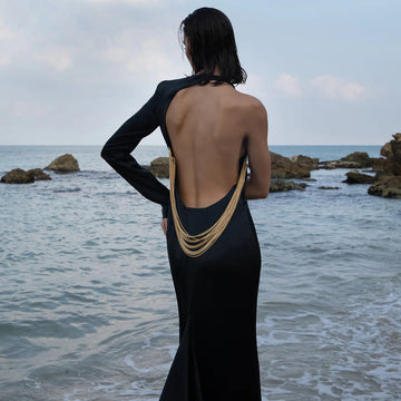 Snake Bone Chain Black Long Dress