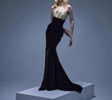 Stitching Black Velvet Slit Long Dress High Waist Slimming Sexy Fishtail Evening Dress