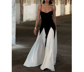 Black and White Color Block Sister Style Dress Slim Fit Slimming Strap Dress Floor-Length Dress