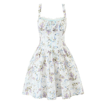 Fresh White Floral Print Lace Waist Slimming Mini Strap Dress