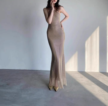Halter Neck Bow Tie Strap Backless Mesh Rhinestone Slim Fit Elegant Dress for Women
