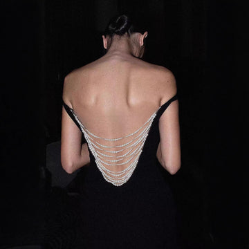 Black Pearl Backless Off-Shoulder Dress High-End Feel Banquet Birthday Gown Long Dress