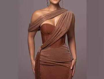 Fashion Asymmetric Shoulder Sexy Bodycon Dress with Hollow Out Slim Fit Ribbon Design
