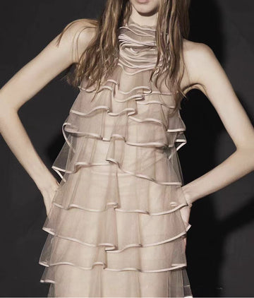 Gentle Apricot Layered Ruffle Sleeveless Dress