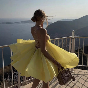 Sexy Deep-Neck Strap V Off-Shoulder Pleated Puff Dress