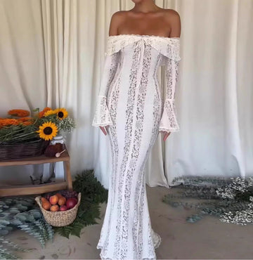 Gentle Off-Shoulder Lace Dress French Style Elegant Strapless Waist-Cinching Long Train Dress for Women