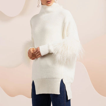 High Neck White Sweater Autumn Winter Loose Top Slightly Long Slightly Split Sleeves Furry Decoration Women