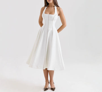 French Retro Elegant Sexy Backless Halter Neck Mid-Length Dress Gown
