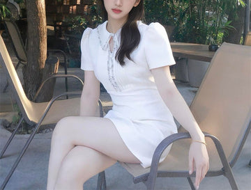 Summer Short Sleeve Heavy Beaded Waist-Cinching a Word Skirt
