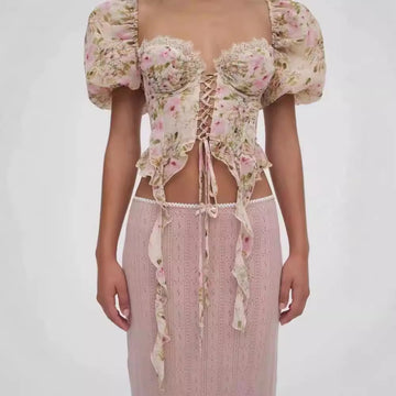 Floral Square Collar Self-Tie Chiffon Shirt Sweet Spicy Wooden Ear Puff Sleeve Slimming Top