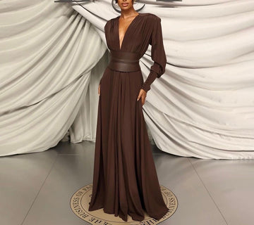 French dress brown V-neck long sleeve women's clothing