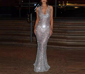 Halter Neck Backless Glitter Fabric Deep V Sexy Evening Dress