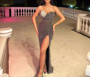 Spicy Girl Sleeveless Mesh High-End Rhinestone Sequin Slit Dress Tube Top Long Dress