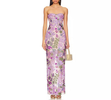 Heavy Embroidery Sequin Strapless One-Step Dress Slim Fit Sexy Slimming Slit Long Dress Gown