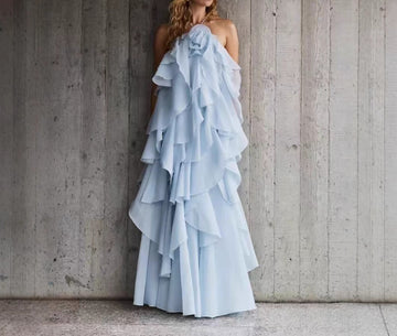 Sexy Off-Shoulder Backless Sleeveless Halter Dress Fashion Multi-Layered Ruffle Puff Dress