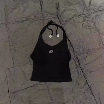 Black Rhinestone Decorated Halter Neck Tie Ribbed Camisole Stretch Knit Top for Women
