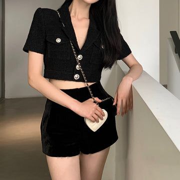 Black Wool Tweed Button Short Sleeve Crop Top for Women