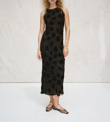 Sleeveless Elegant Velvet Burnout Heavy Embroidery Double-Sided Faux Silk Long Dress
