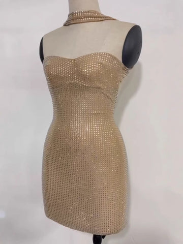 Off-Shoulder Rhinestone Bodycon Short Dress Sexy Backless Dress for Women