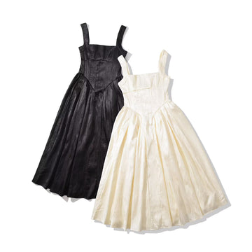 Elegant Black Textured Satin Corset Midi Dress for Women Summer Vacation Long Dress