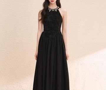 Black Waist-Cinching Halter Dress Elegant Socialite Style Light Luxury Fairy Dress