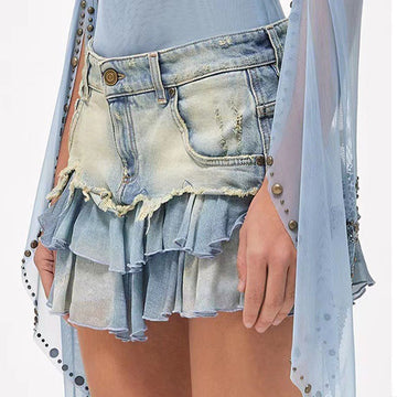 Vintage Millennium Dressed Wool Edge Washed Denim Skirt Spice Skirt