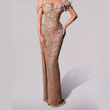 Off-Shoulder Fashion Evening Dress, Strapless Long Slit Floor-Length Dress, New European and American Women's Fashion