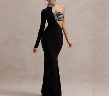 Sexy Rhinestone Embellished High Neck One Shoulder Long Sleeve Slim Fit Bandage Bodycon Dress Long Dress