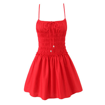 French Style Pure Wish Pleated Waisted Slim-fit Lace-up Strapless Suspenders A- line dress