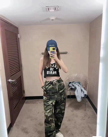 New All-over Colorblock Camouflage Printed Double Pocket High Waist Drawstring Straight Wide Leg Casual Pants for Women