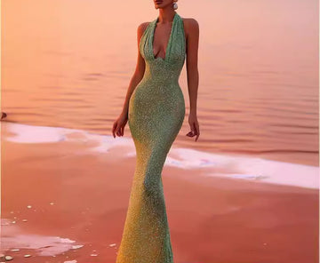 Sleeveless Halter Neck Deep V-Neck Dress Sexy Backless Sequin High-End Mermaid Long Dress