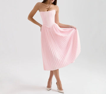 Elegant Strapless Long Dress Vacation Waist-Cinching Backless Pleated Dress Gown