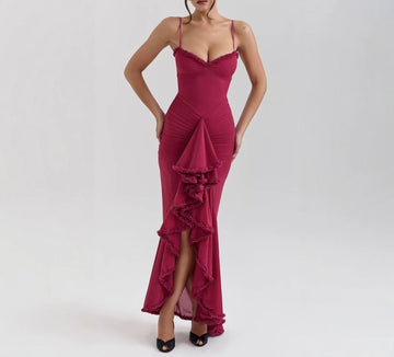 High-end Mesh Strap Ruched Irregular Sleeveless Dress Fashionable Design Long Dress