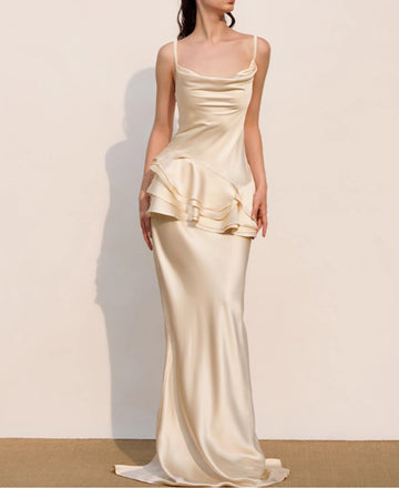 Scoop Neck Patchwork Ruffle Slim Fit Mermaid Slip Dress for Women French Style Champagne Color High-end Birthday Party Dress