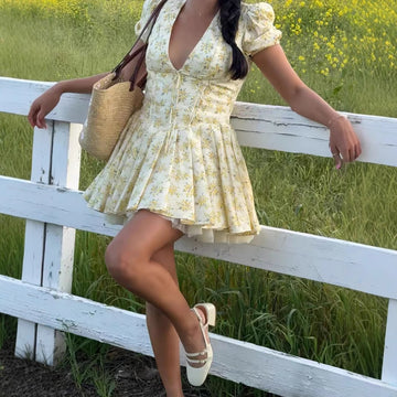 V Puff Sleeve Waist-Cinching Slimming Mesh Puff Short Dress Vacation Dress