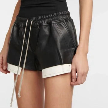 Eco-friendly Leather Side Slit Drawstring Elastic Waist High Waist Large Pocket Shorts