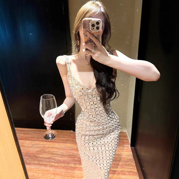 Sexy Split Backless V Collar Strap Dress Luxurious High-End Sparkling Diamond Evening Dress