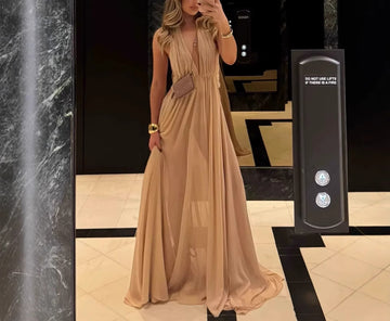 French Style Sexy Backless Deep V Elegant Halter Neck Dress with Draping Effect, Super Fairy-like Vacation Long Dress