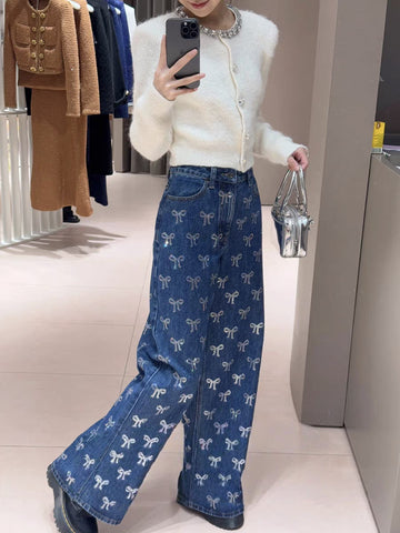 Heavy Craft Butterfly Full Diamond Print Rhinestone Loose Slimming Straight Wide Leg Jeans