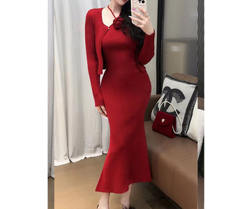 Knitted Cardigan Sweater Slim Fit Dress Long Dress Halter Neck Backless Floral Decoration Two-Piece Set Elegant Socialite Women