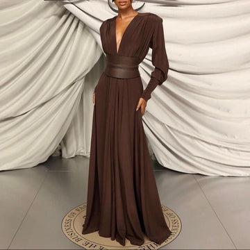 Spring Summer New Design Sense Waistband Gathered French Dress in Coffee Color v Long Sleeve Long Dress Women's Fashion