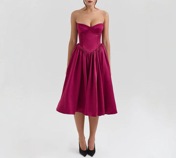 wine red High-end Large Skirt Elegant Strapless Skirt Women's Mid-length dress Dress
