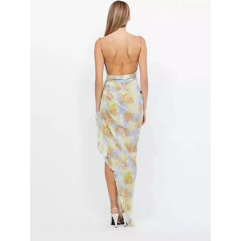 Irregular Tie Backless Sexy Sheer Vacation Long Dress